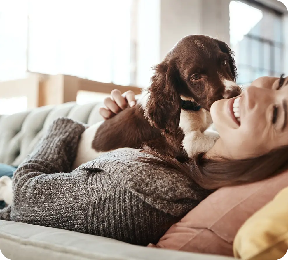 Woman lying on the couch with her dog in her lap