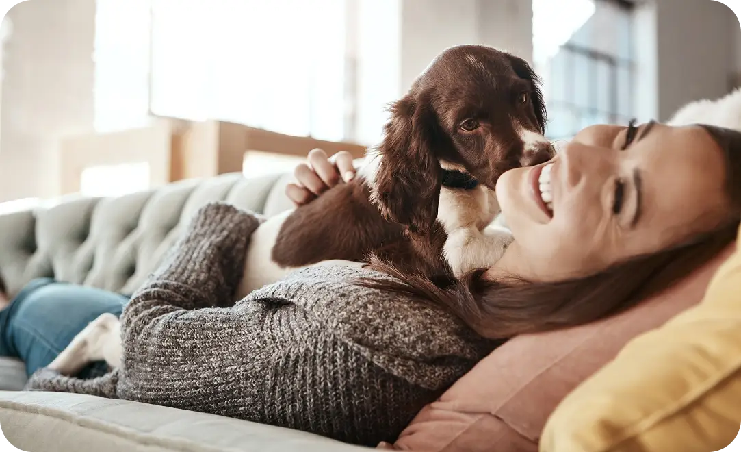 Woman lying on the couch with her dog in her lap